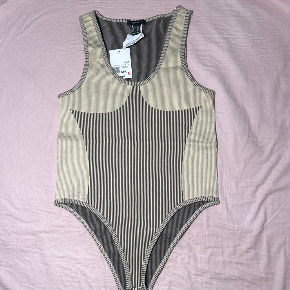 Forever 21 Cream and Gray Striped Bodysuit
